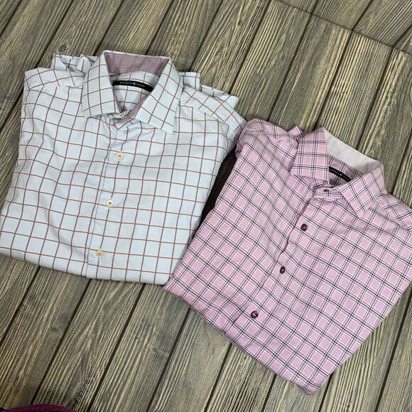Hammer Made Windowpane Plaid Blue Purple Flip Cuff Button Shirt 38/15 Lot of 2